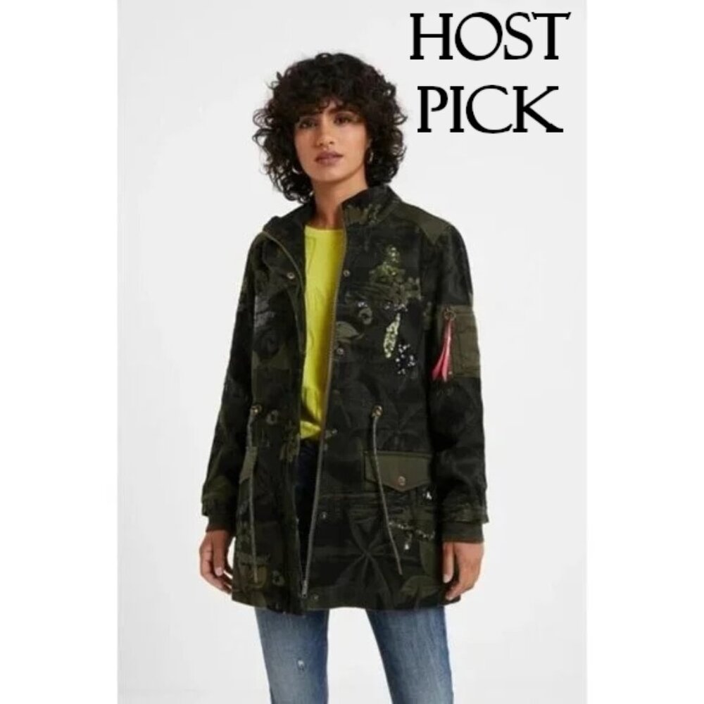 NWT Desigual cotton green & black tropical print camouflage sequined jacket, XS